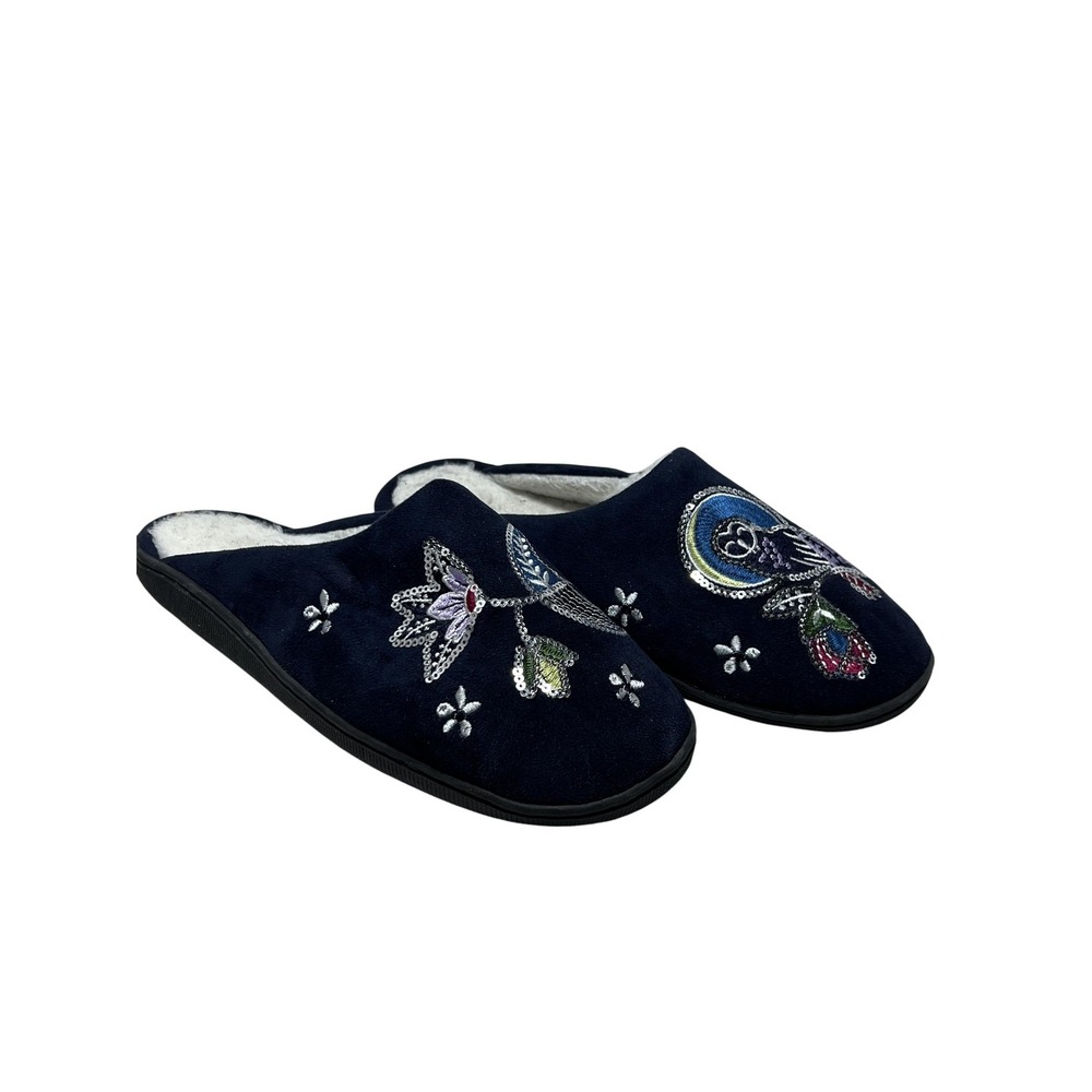 Vera Bradley‎ Slippers Womens Size 7.5 Blue Owl Sequin Faux Fur Mule House Shoes
